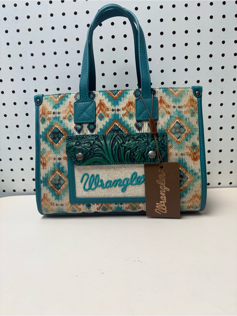 Wrangler Teal & Tan Geometric Canvas Tote